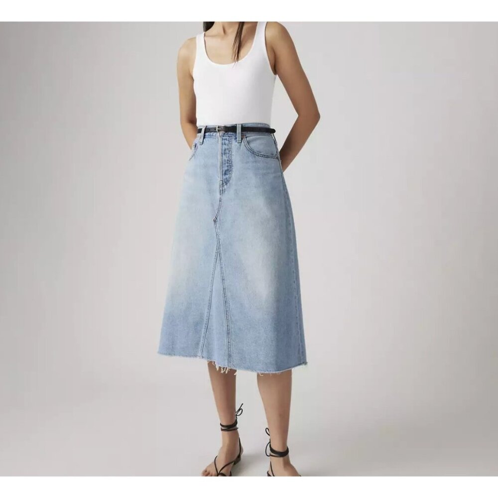 New Levi's Size 23 Premium High Rise A-Line Deconstructed Denim Skirt Midi
